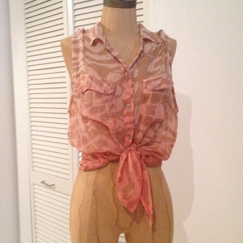 EUC Gypsy 05 Coral Orange Animal Print Ombre Silk Sleeveless Sheer Top Sz Medium